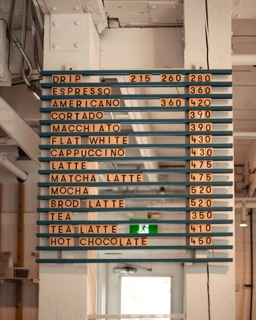 A detailed menu board inside a coffee shop displaying various coffee prices and options.