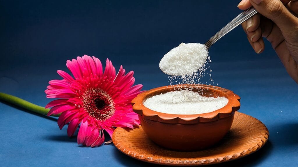 Spoon pouring sugar into a bowl with flower.
